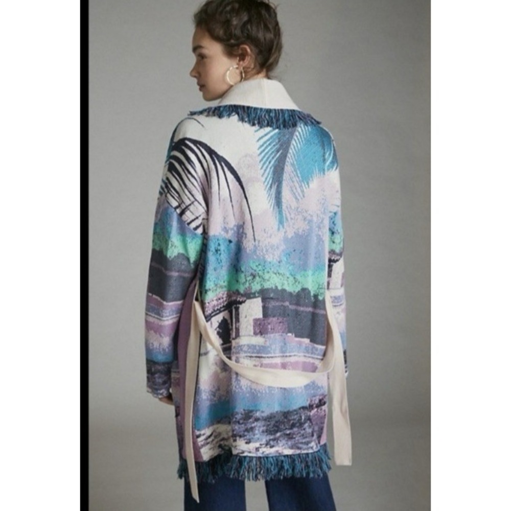 Anthropologie Aldo Martins Tropical Boho Fringed Cardigan with Pockets No Belt - Picture 2 of 10